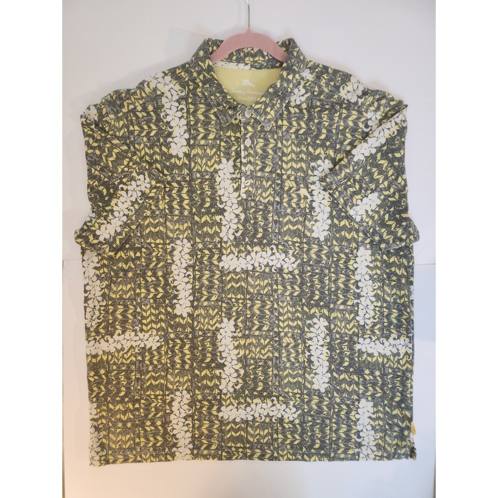 Tommy Bahama IslandZone Mens XXL Polo Shirt Yellow Grey Floral Pima Cotton Blend